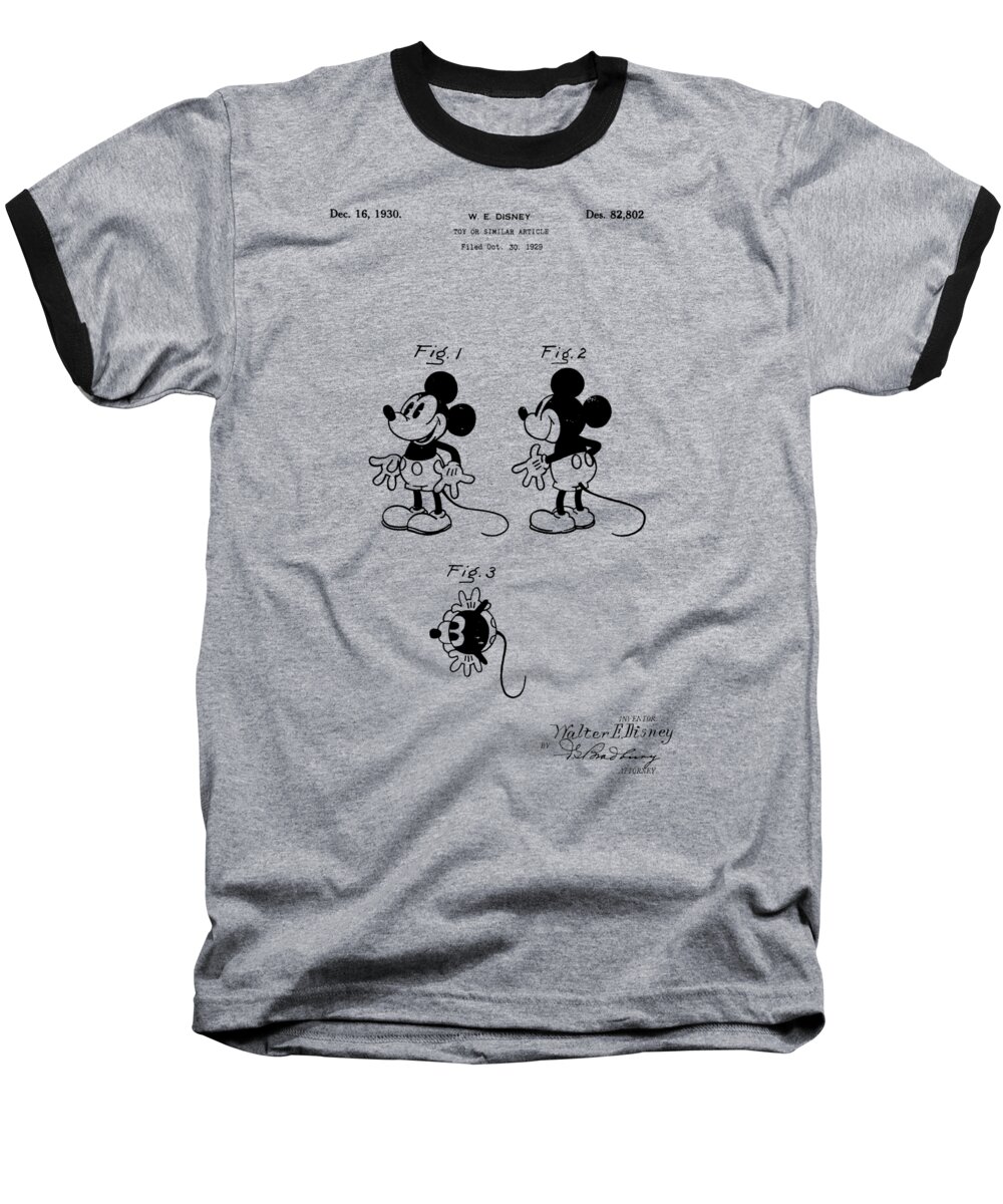Vintage; Mickey; Mouse; Character; Figure; Toy; Disney; Walt; Old; Game; Cartoon; Animation; Patent; 1929; Invention; Fashion; Designer; Design; Abstract; Brand; T-shirt; Hoodies; Patent Illustration; Crafts; Blueprint; Collectable; Vintage Patent; Nostalgia; Technical Illustration; Patent Drawing; Exclusive Rights; Rights; Drawing; Illustration; Presentation; Vintage; Gift; Diagram; Antique; Patentee; Men's; Men; Women; Women's; Boy; Girl; Patent Application; Graphic; Chris Smith Baseball T-Shirt featuring the photograph Mickey Mouse Character Figure Patent 1929 by Chris Smith