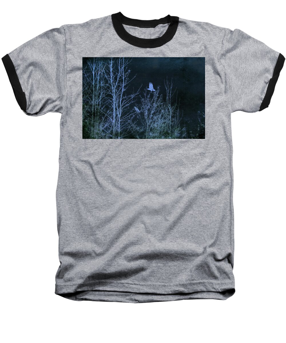 Crow Baseball T-Shirt featuring the mixed media Midnight Flight Silhouette Blue by Lesa Fine