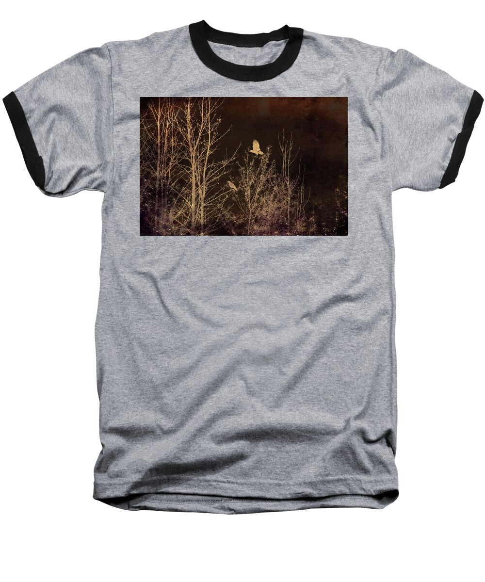 Crow Baseball T-Shirt featuring the mixed media Midnight Flight Silhouette by Lesa Fine