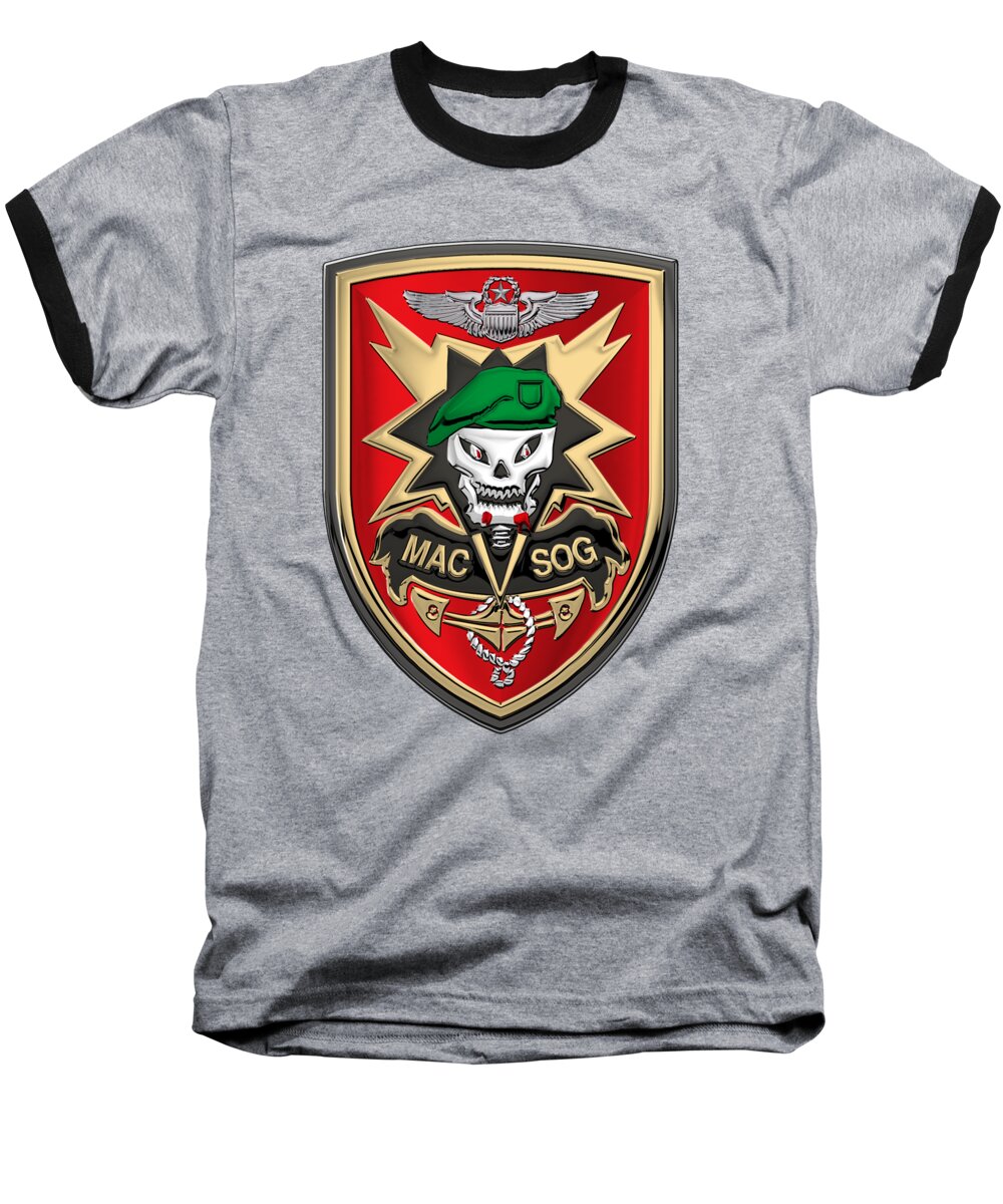 'military Insignia & Heraldry' Collection By Serge Averbukh Baseball T-Shirt featuring the digital art Military Assistance Command, Vietnam Studies and Observations Group Patch over Black Velvet by Serge Averbukh