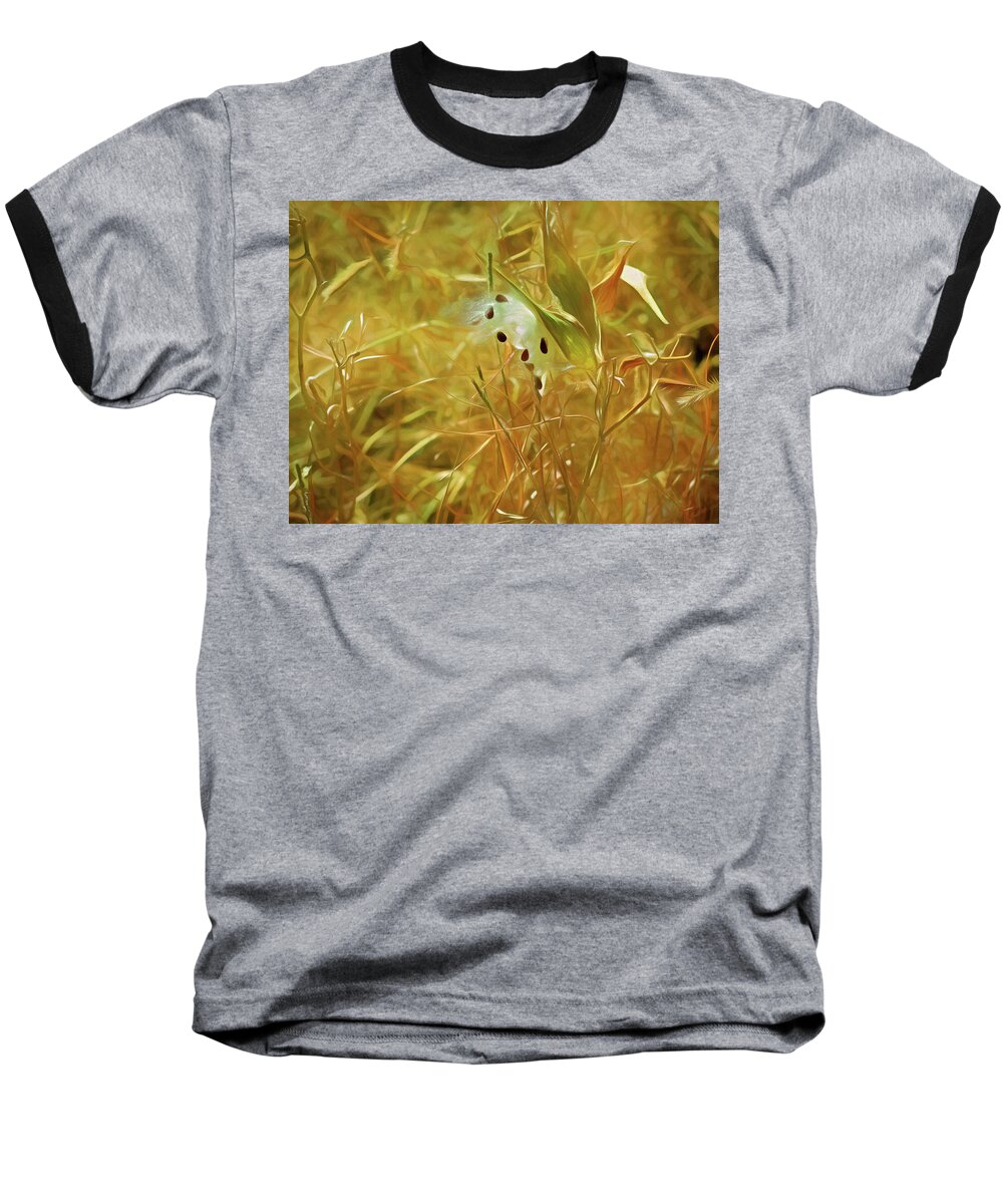  Floral Baseball T-Shirt featuring the mixed media Milkweed in Sunlight 2 by Lynda Lehmann