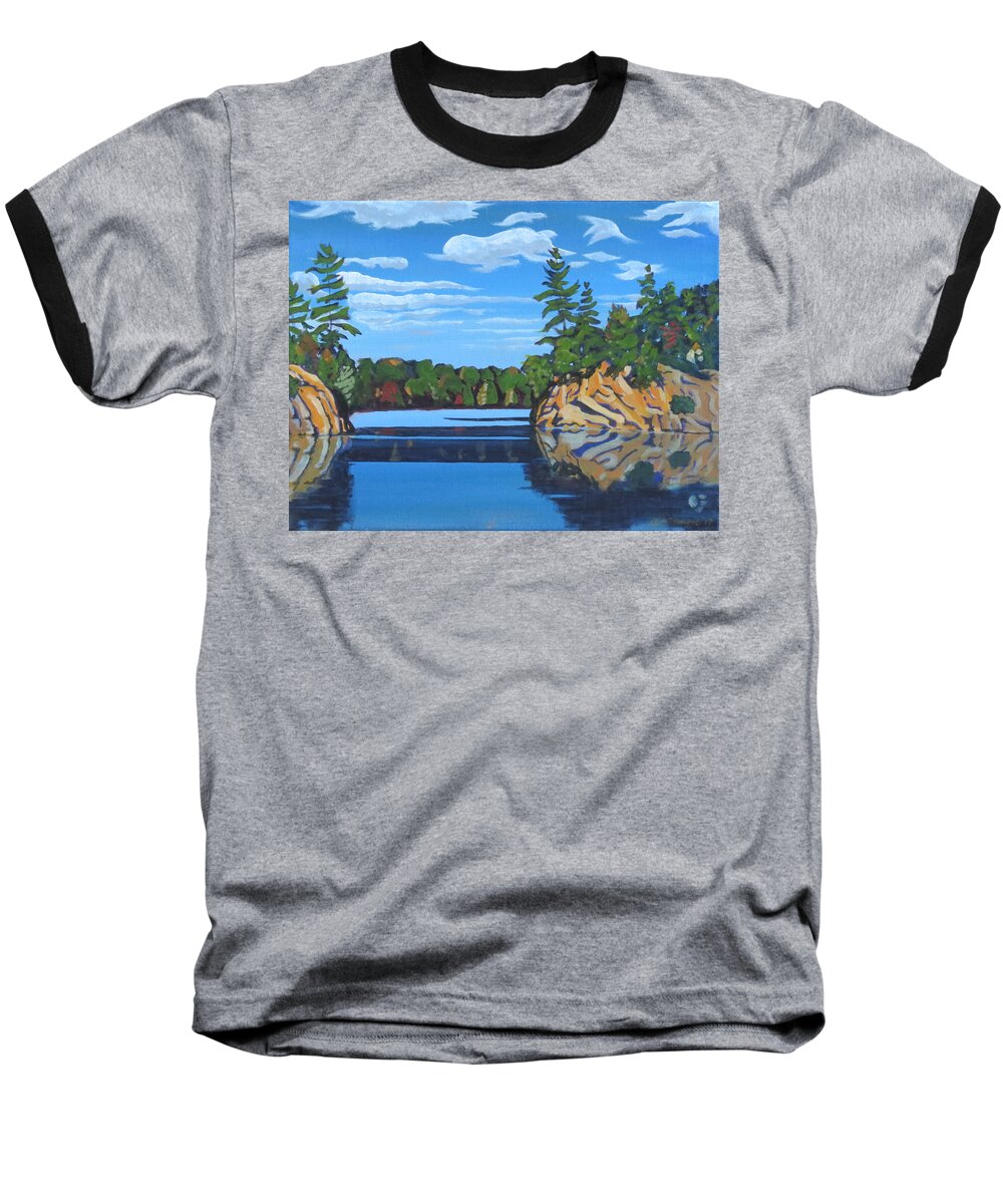 Canadian Shield Baseball T-Shirt featuring the painting Mink Lake Gap by David Gilmore