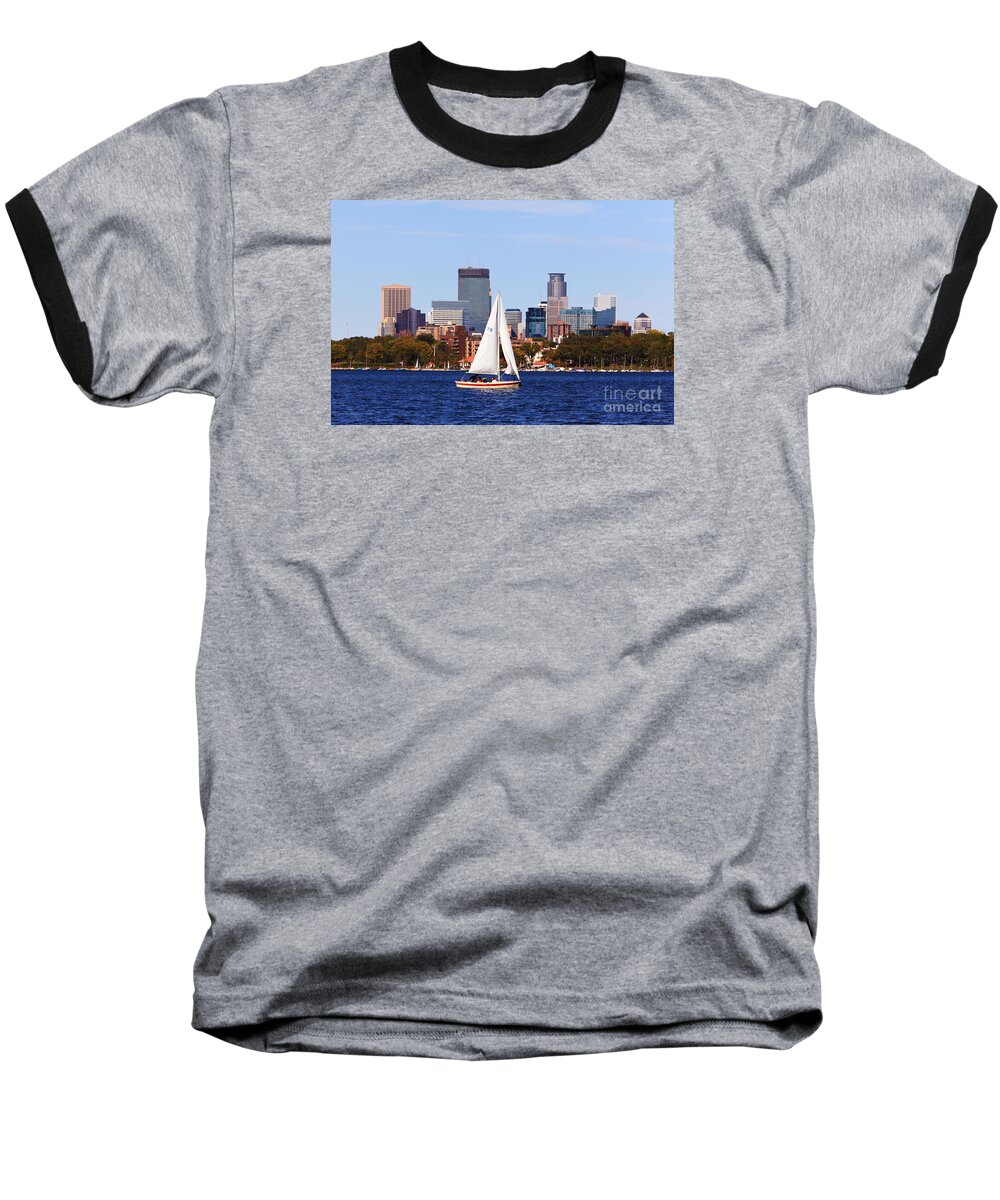 Minneapolis Skyline Painting Baseball T-Shirt featuring the photograph Minneapolis Skyline Lake Calhoun Sailing by Wayne Moran