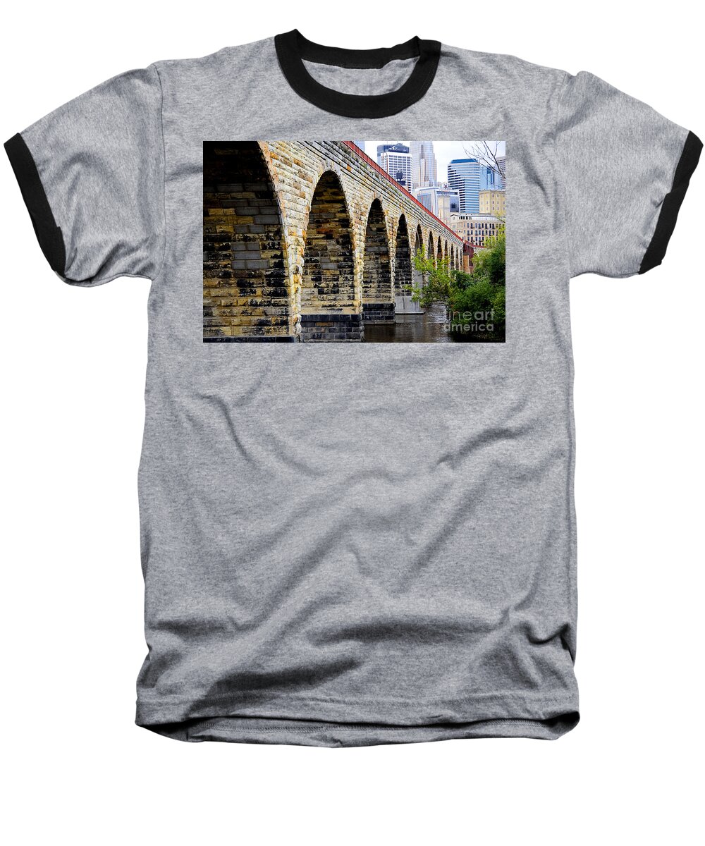 Minneapolis Baseball T-Shirt featuring the photograph Minneapolis Stone Arch Bridge Old and New by Wayne Moran