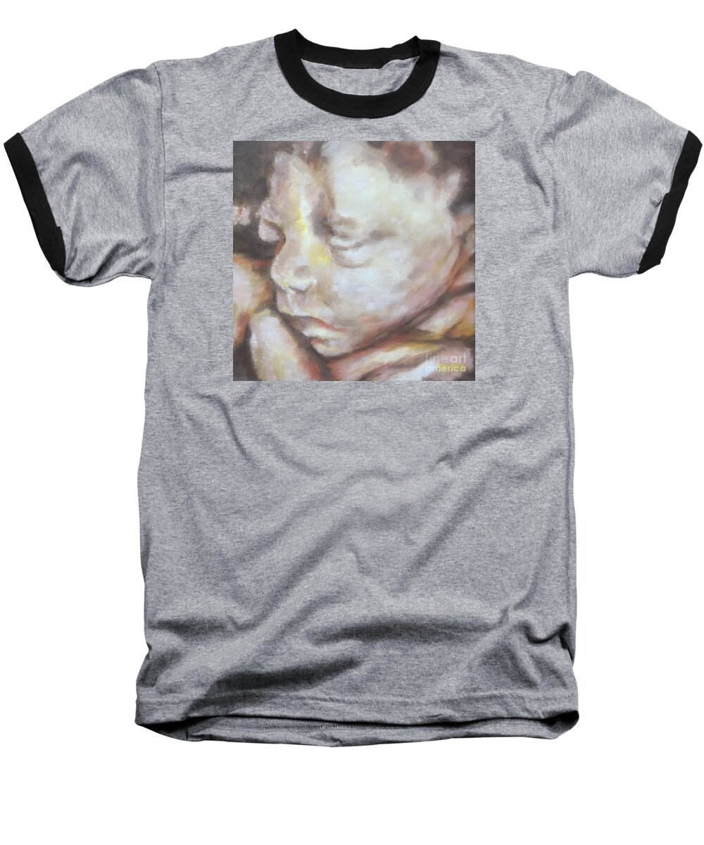 Miracle Baby Baseball T-Shirt featuring the painting Miracle Baby by Kathy Stiber