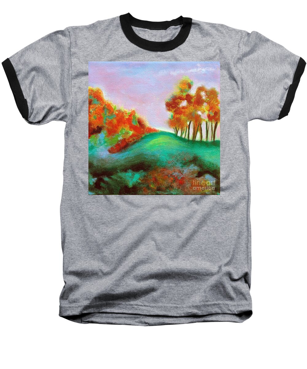 Landscape Baseball T-Shirt featuring the painting Misty Morning by Elizabeth Fontaine-Barr