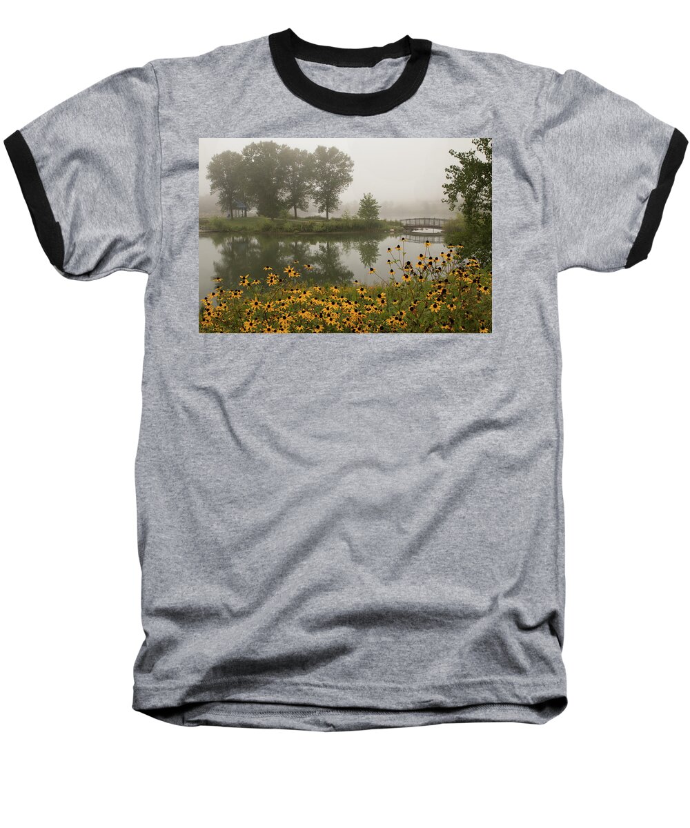 Fog Baseball T-Shirt featuring the photograph Misty Pond Bridge Reflection #3 by Patti Deters