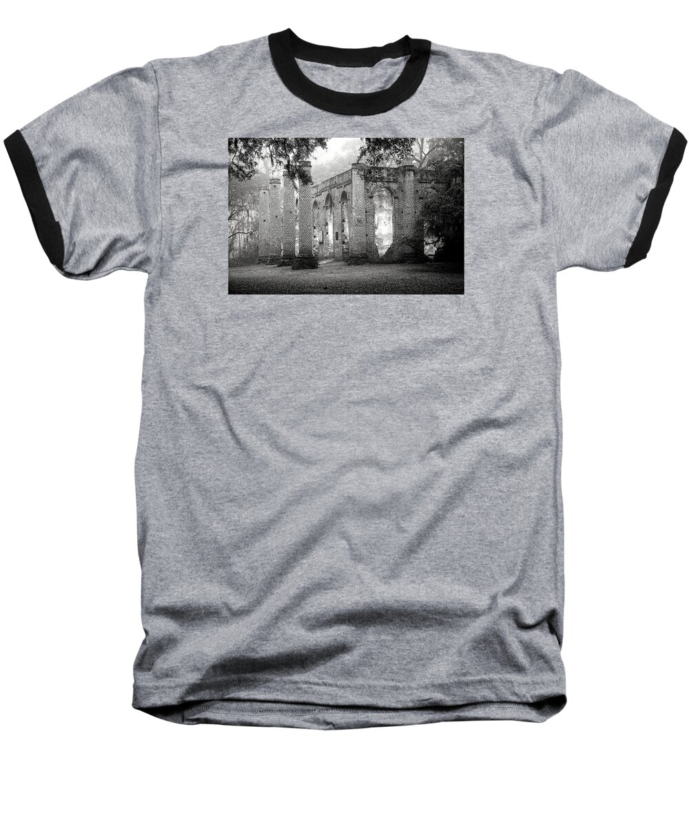 'old Sheldon Church' Baseball T-Shirt featuring the photograph Misty Ruins by Scott Hansen