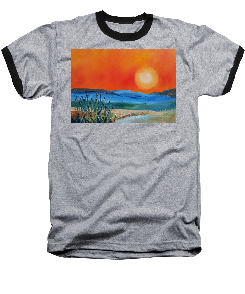 Montana Sunset Baseball T-Shirt featuring the painting Montana Firery Sunset       49 by Cheryl Nancy Ann Gordon