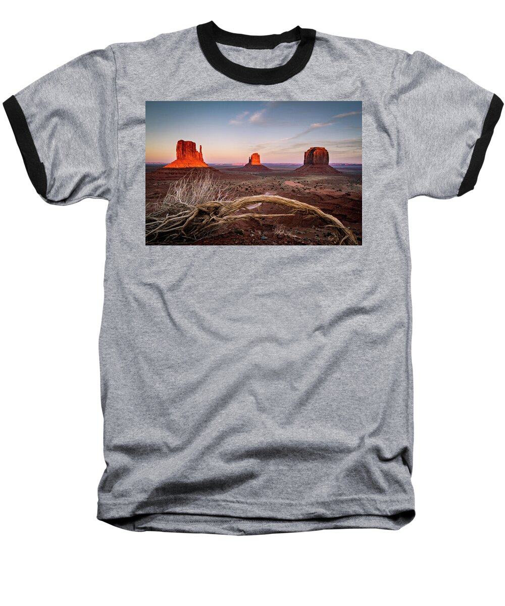 Monument Valley Baseball T-Shirt featuring the photograph Monument Valley Sunset by Wesley Aston