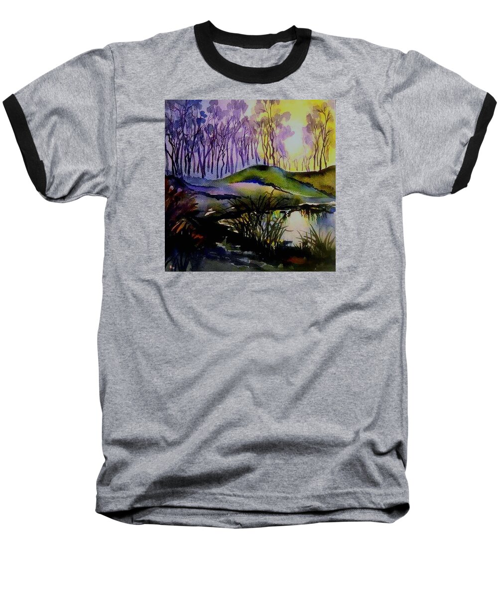 Woods And Pond Baseball T-Shirt featuring the painting Moody Woods by Esther Woods