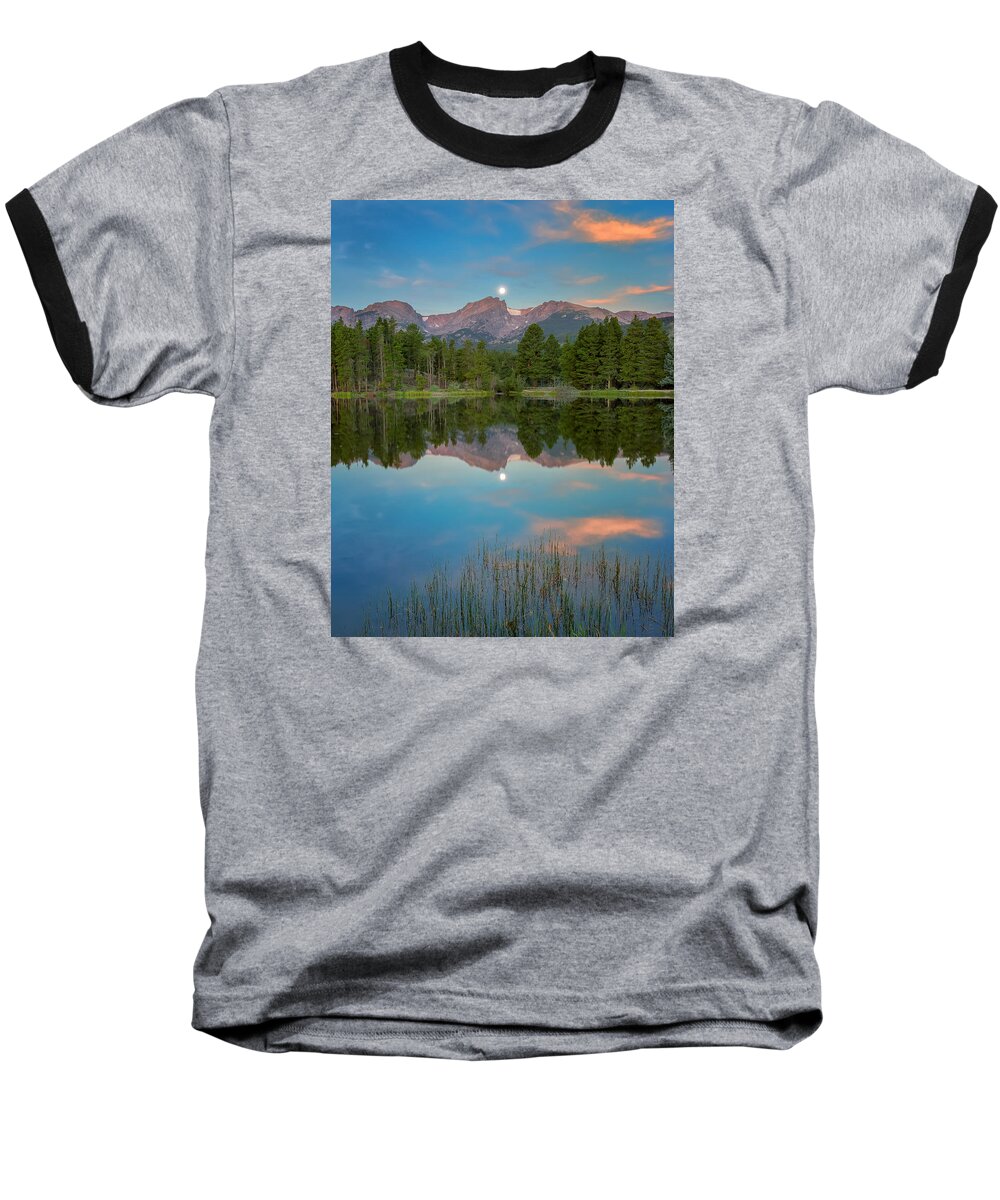 Colorado Baseball T-Shirt featuring the photograph Full Moon Set Over Sprague Lake by John Vose