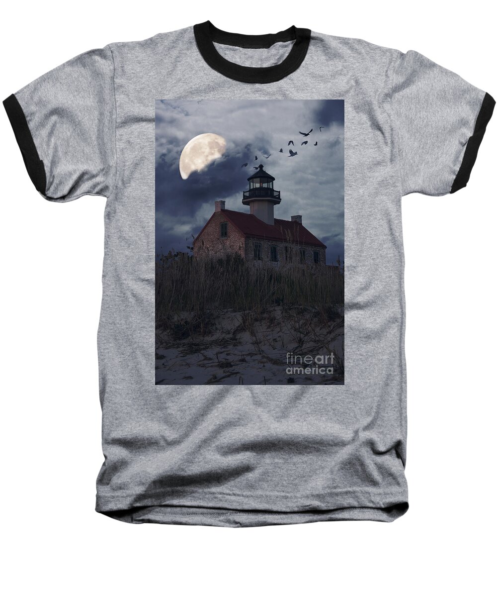 Lighthouse Baseball T-Shirt featuring the photograph Moonlight at East Point by Debra Fedchin