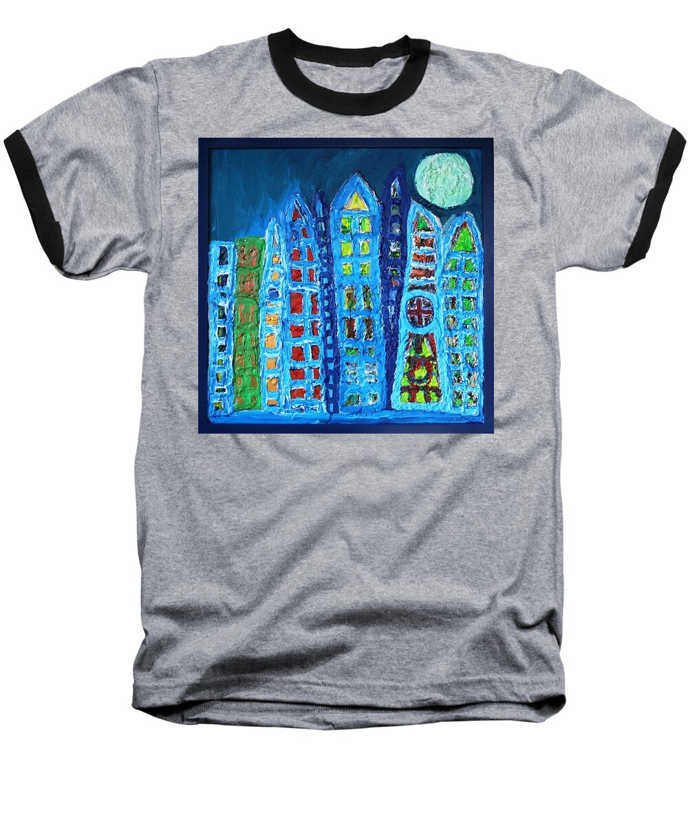 Multicultural Nfprsa Product Review Reviews Marco Social Media Technology Websites \\\\in-d�lj\\\\ Darrell Black Definism Artwork Baseball T-Shirt featuring the painting Moonlit Metropolis by Darrell Black
