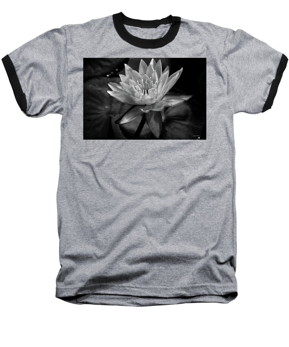 Water Lily Baseball T-Shirt featuring the mixed media Moonlit Water Lily BW by Lesa Fine