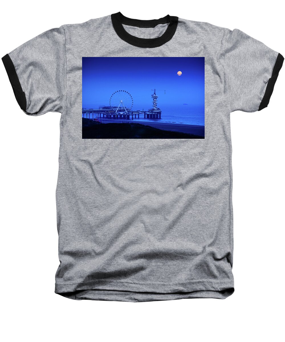 Holland Baseball T-Shirt featuring the photograph Moonset at Scheveningen Pier by Joe Doherty