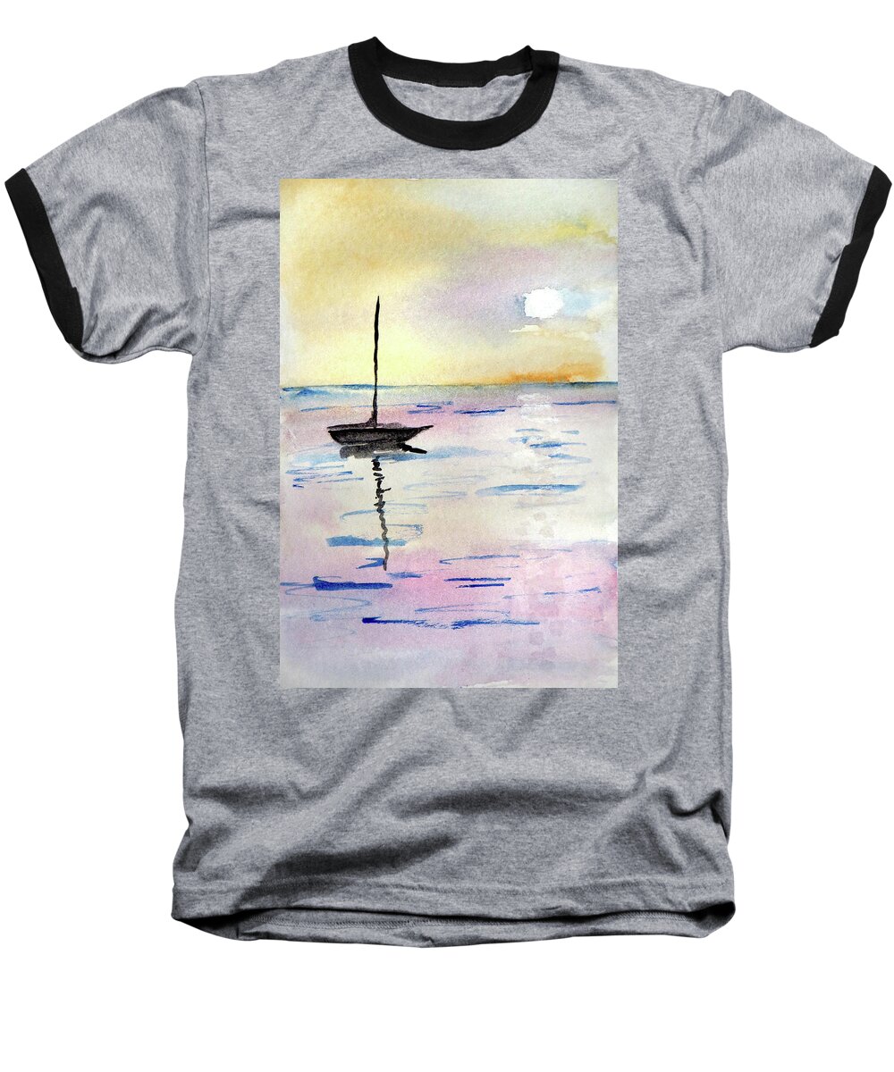 Moored Sailboat Water Marina Harbor Sea Art Painting Watercolor Bay Sky Sun Sunset Evening Ocean Light Lake Silhouette Reflection Calm Boat Blue Yacht Seascape Port Peaceful Outdoors Moorings Horizon Dusk Clouds Sunrise Still Solitude Scene Sail Relaxing Orange Nautical Beauty Waterscape Vessel Vertical Tranquil Sunshine Sunny Stillness Seafaring Kyllo Romantic Pink Peacefulness Morning Mooring Mirror Maritime Idyllic Holiday Golden Glimmering Day Dawn Clear Calming Boating Beautiful Anchored Baseball T-Shirt featuring the painting Moored Sailboat by R Kyllo