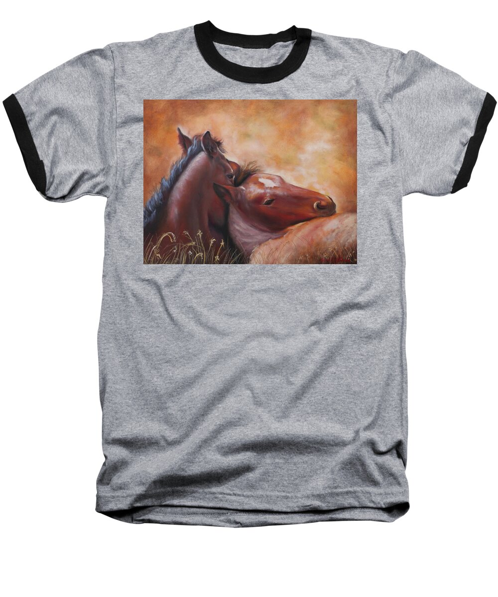 Southwestern Equine Art Baseball T-Shirt featuring the painting Morning Foals by Karen Kennedy Chatham