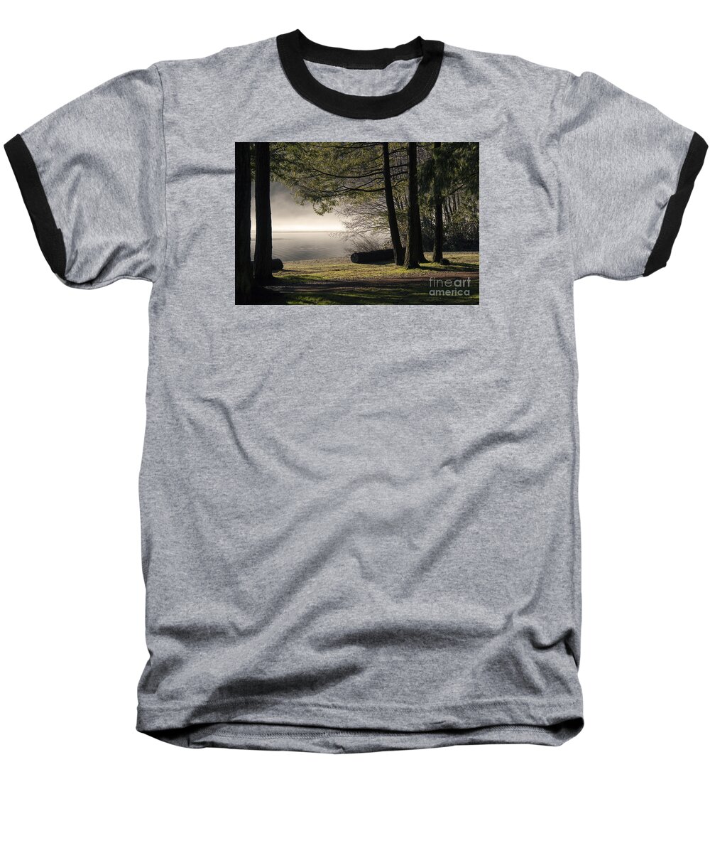 Morning Baseball T-Shirt featuring the photograph Morning Fog by Inge Riis McDonald