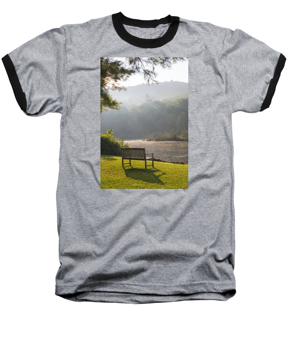Pond Baseball T-Shirt featuring the photograph Morning rays on the pond and bench by Vance Bell