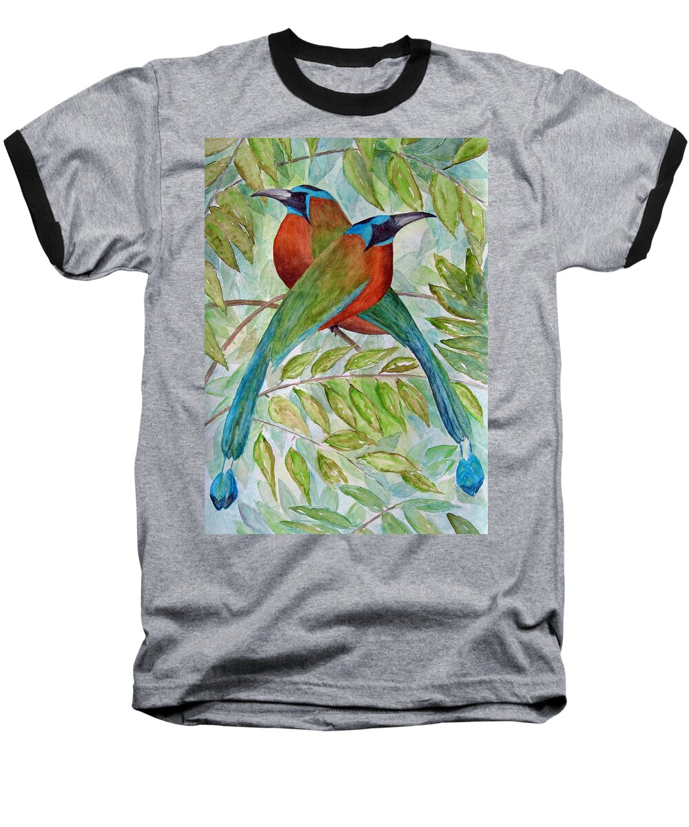 Motmots Baseball T-Shirt featuring the painting Motmots by Patricia Beebe