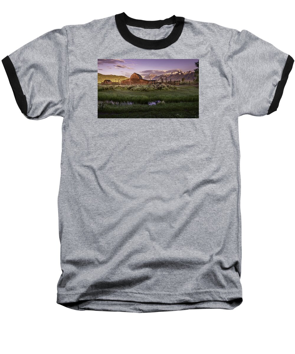 Teton Baseball T-Shirt featuring the photograph Moulton Barn at Dawn by Mary Angelini