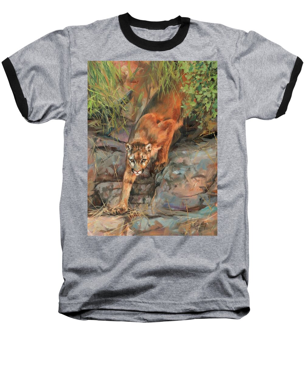 Mountain Lion Baseball T-Shirt featuring the painting Mountain Lion 2 by David Stribbling
