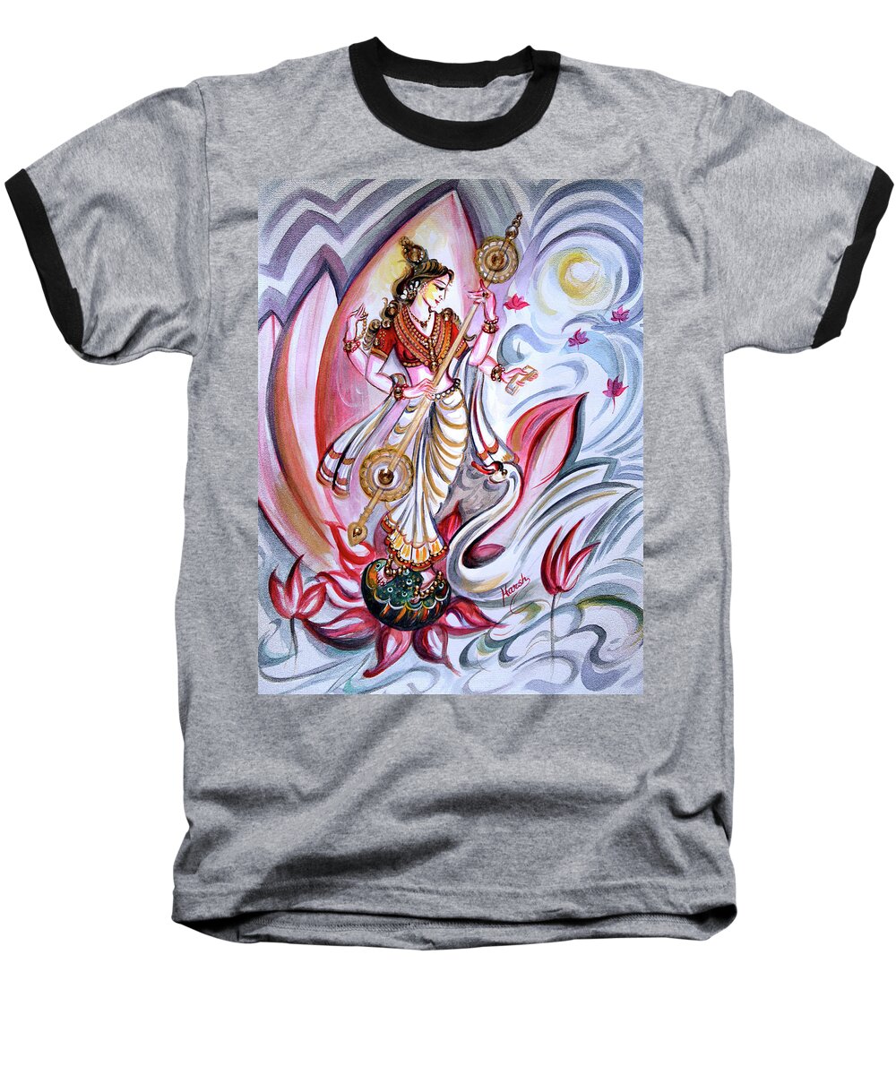 Saraswati Baseball T-Shirt featuring the painting Musical Goddess Saraswati - Healing Art by Harsh Malik
