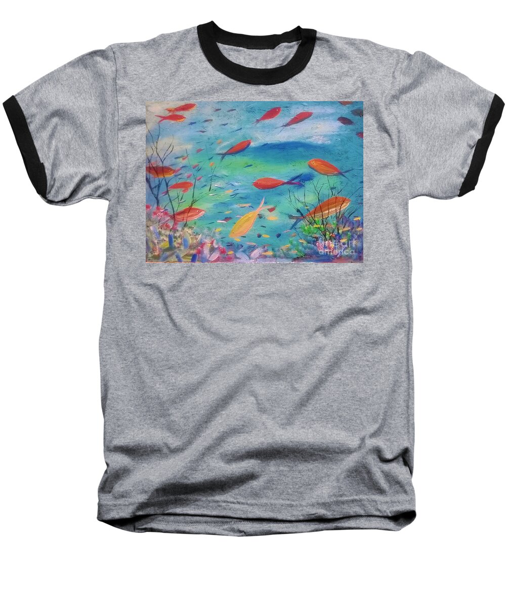 Blue Beach Ocean Fish Tropical Island Reef Baseball T-Shirt featuring the painting My Blue Sea by James and Donna Daugherty