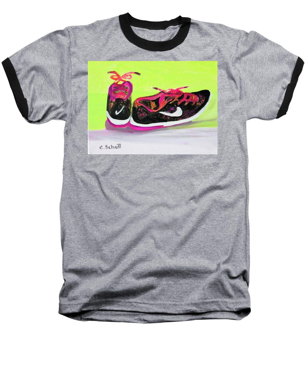 Nike Logo Baseball T-Shirt featuring the painting My Comfy Shoes by Christina Schott