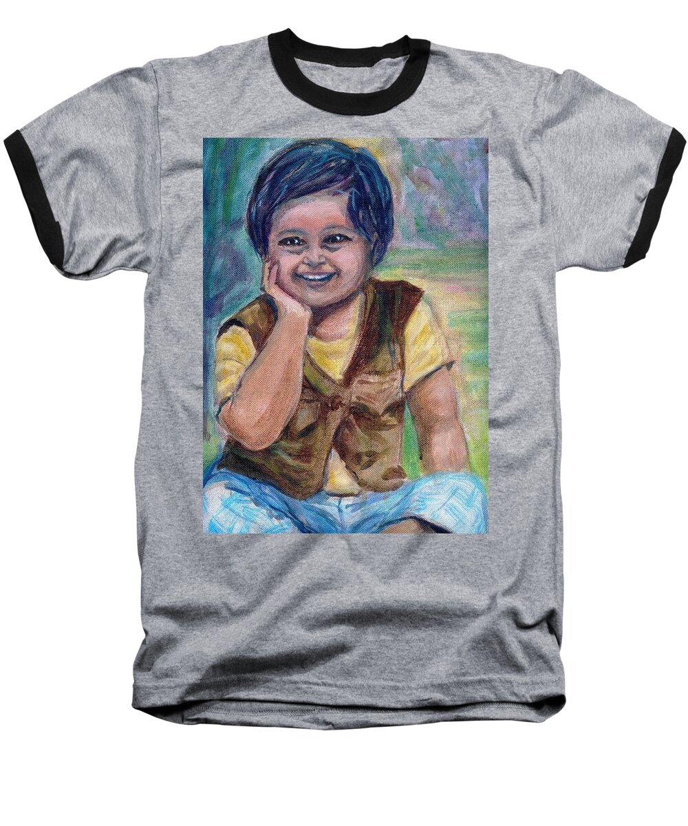 Little Boy Baseball T-Shirt featuring the painting My son when he was a Toddler by Asha Sudhaker Shenoy