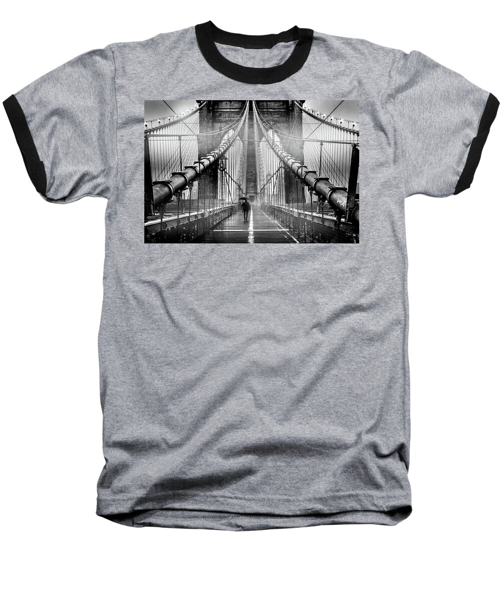 Brooklyn Bridge Baseball T-Shirt featuring the photograph Mystery Manhattan by Az Jackson