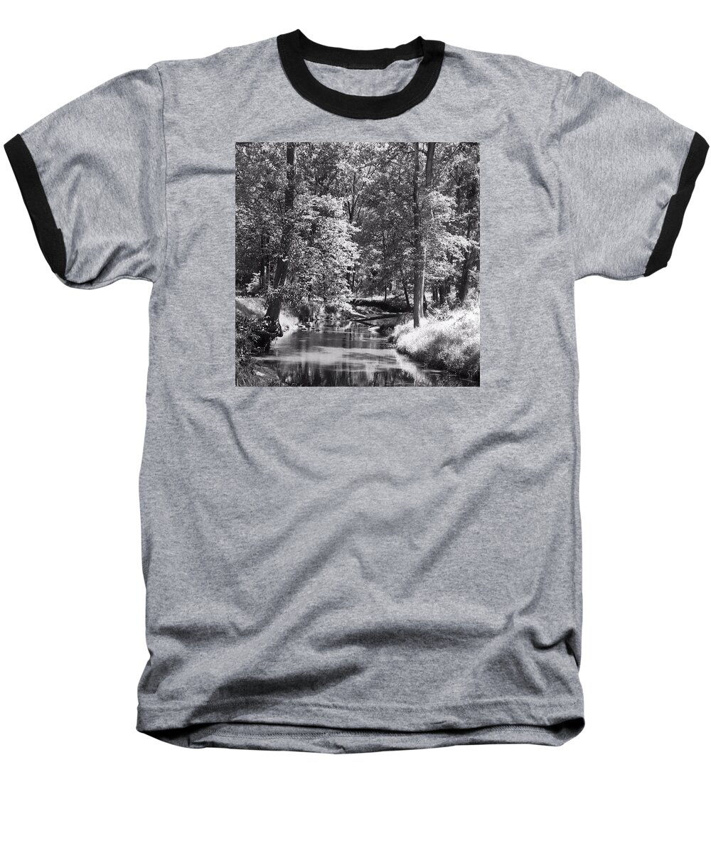 Great Seneca Creek Baseball T-Shirt featuring the photograph Nadine's Creek in Black and White by Kathy Kelly