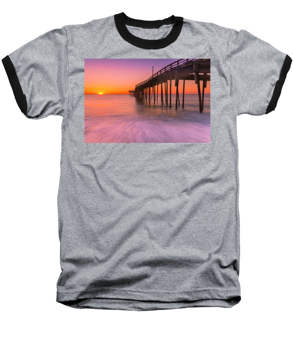 Outer Banks Baseball T-Shirt featuring the photograph Nags Head Avon Fishing Pier at Sunrise by Ranjay Mitra