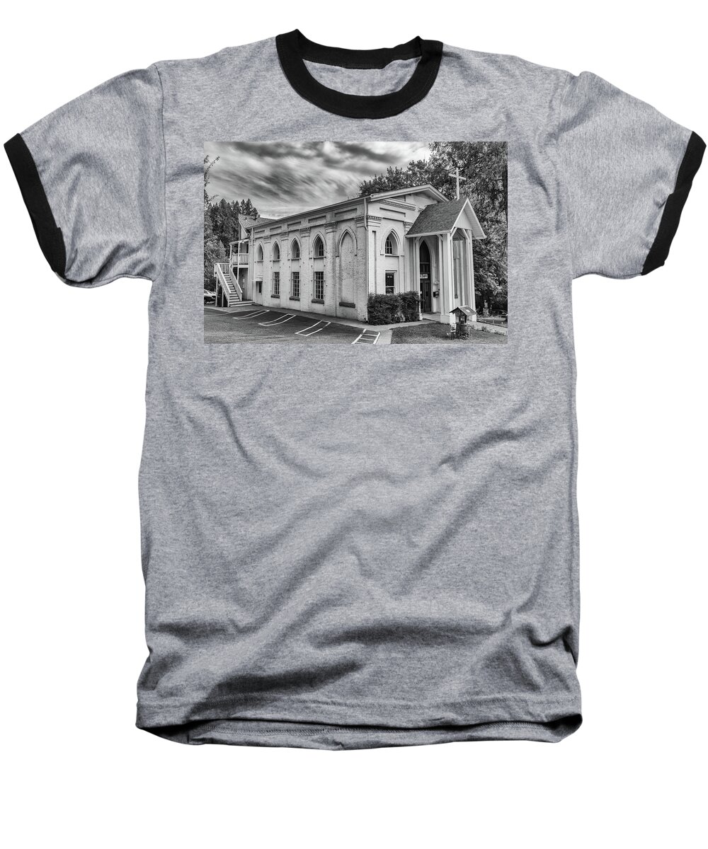B&w Baseball T-Shirt featuring the photograph Nevada City Church by Robin Mayoff