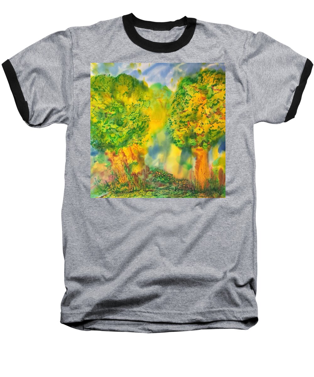 Silk Painting Trees Dyes Landscape Baseball T-Shirt featuring the painting Never Give Up On Your Dreams by Susan Moody