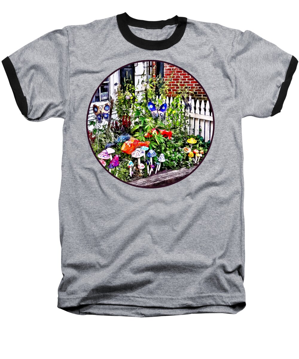 New Hope Baseball T-Shirt featuring the photograph New Hope PA - Garden of Ceramic Mushrooms by Susan Savad