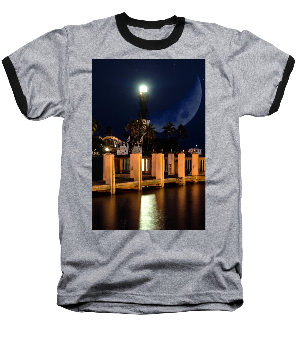 New Moon Baseball T-Shirt featuring the photograph New Moon At Hillsboro Inlet Lighthouse by Wolfgang Stocker