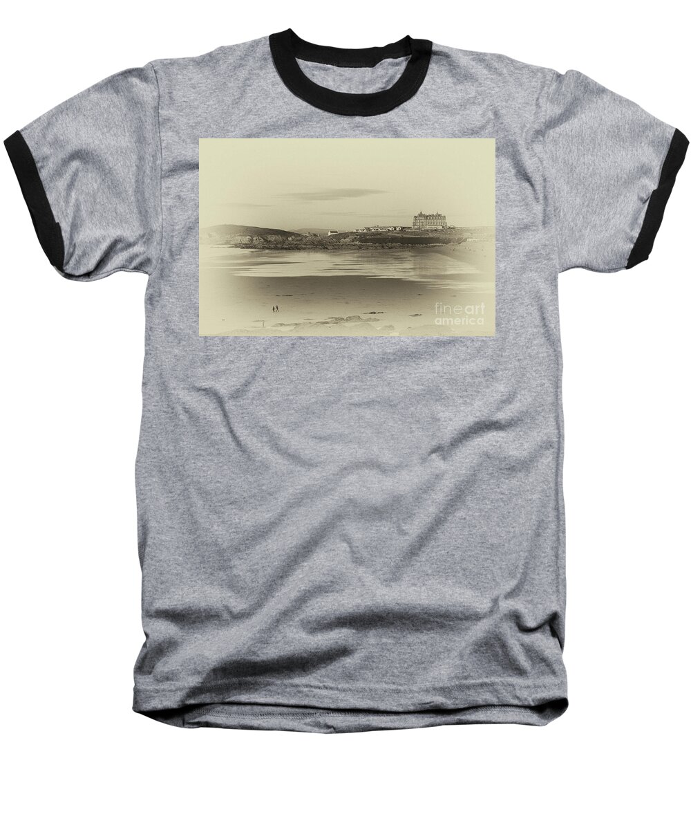 Sepia Baseball T-Shirt featuring the photograph Newquay with old watercolor effect by Nicholas Burningham