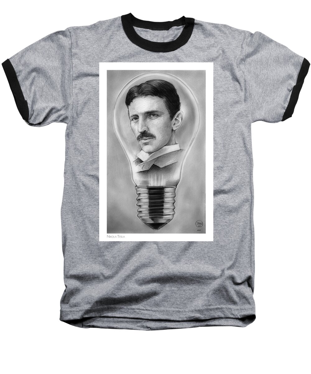 Nikola Tesla Baseball T-Shirt featuring the drawing Nikola Tesla by Greg Joens