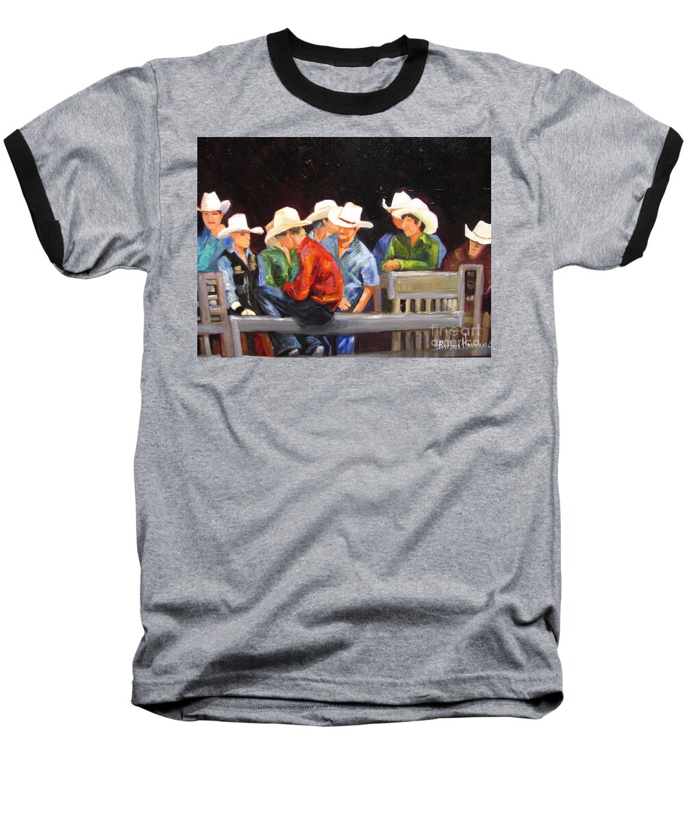 Cowboys Baseball T-Shirt featuring the painting Nine Cowboys on a Fence by Barbara Haviland