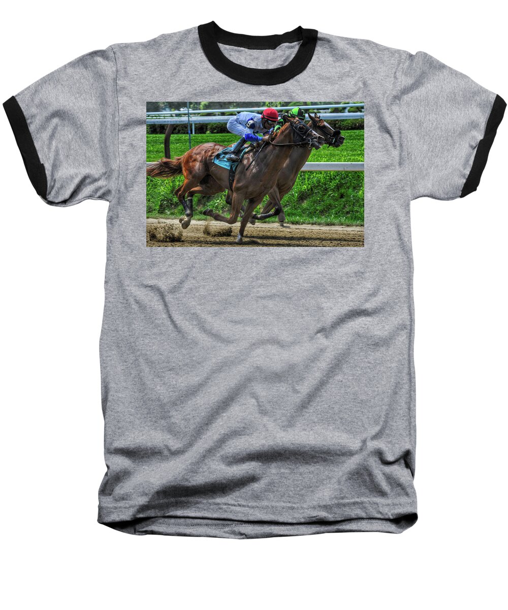Horse Racing Baseball T-Shirt featuring the photograph Nine Gaining by Jeffrey PERKINS
