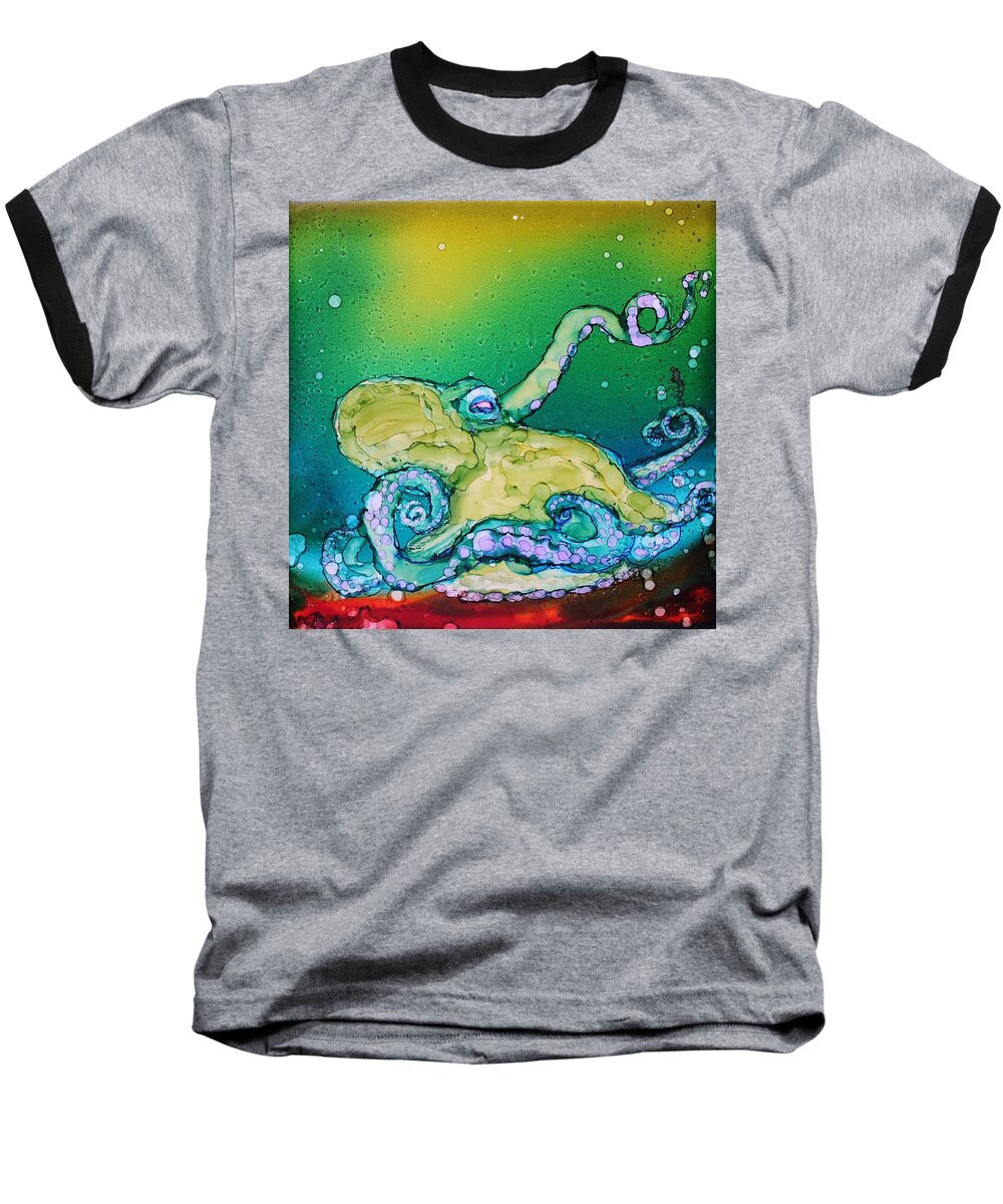 Octopus Baseball T-Shirt featuring the painting No Bones About It by Ruth Kamenev