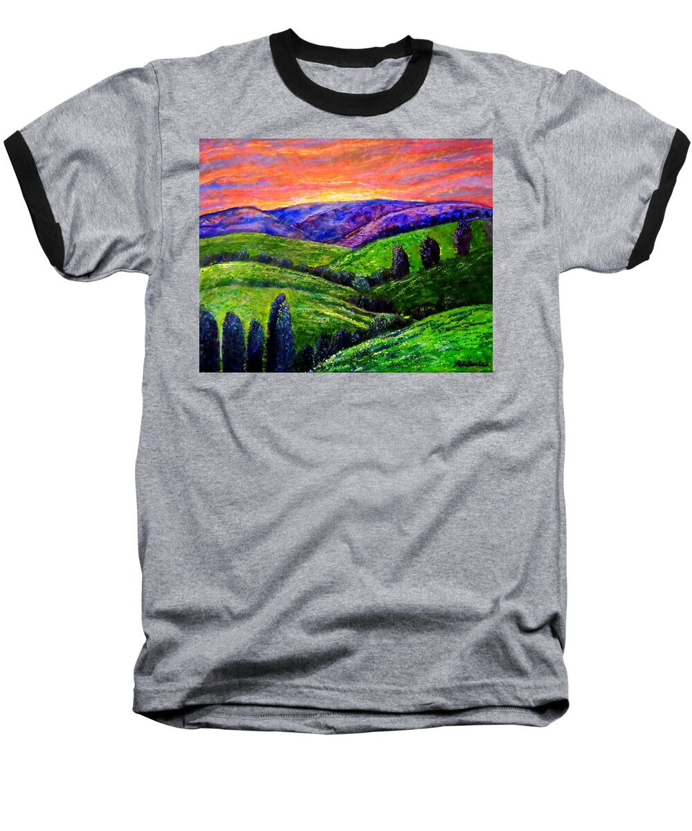 Bright Coral Sunset Over Glorious Blue Purple Smoky Mountains In Background Gentle Rolling Hills With Evergreen Trees Nature Landscape Acrylic Painting Baseball T-Shirt featuring the painting No Place Like the Hills of Tennessee by Kimberlee Baxter