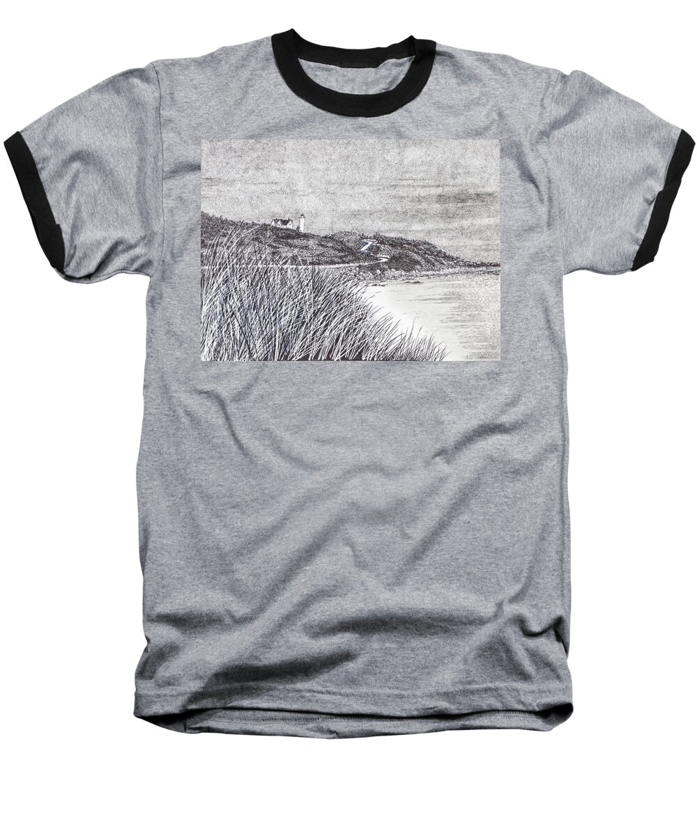 Gallery Baseball T-Shirt featuring the drawing Nobska Lighthouse by Betsy Carlson Cross