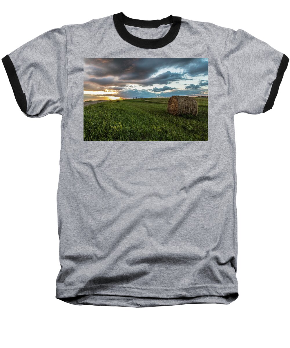 North Dakota Baseball T-Shirt featuring the photograph North Dakota Sunset with Hay by John McGraw