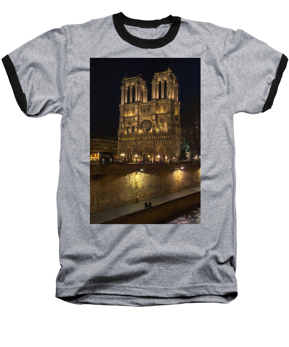 Joan Carroll Baseball T-Shirt featuring the photograph Notre Dame Night Painterly by Joan Carroll