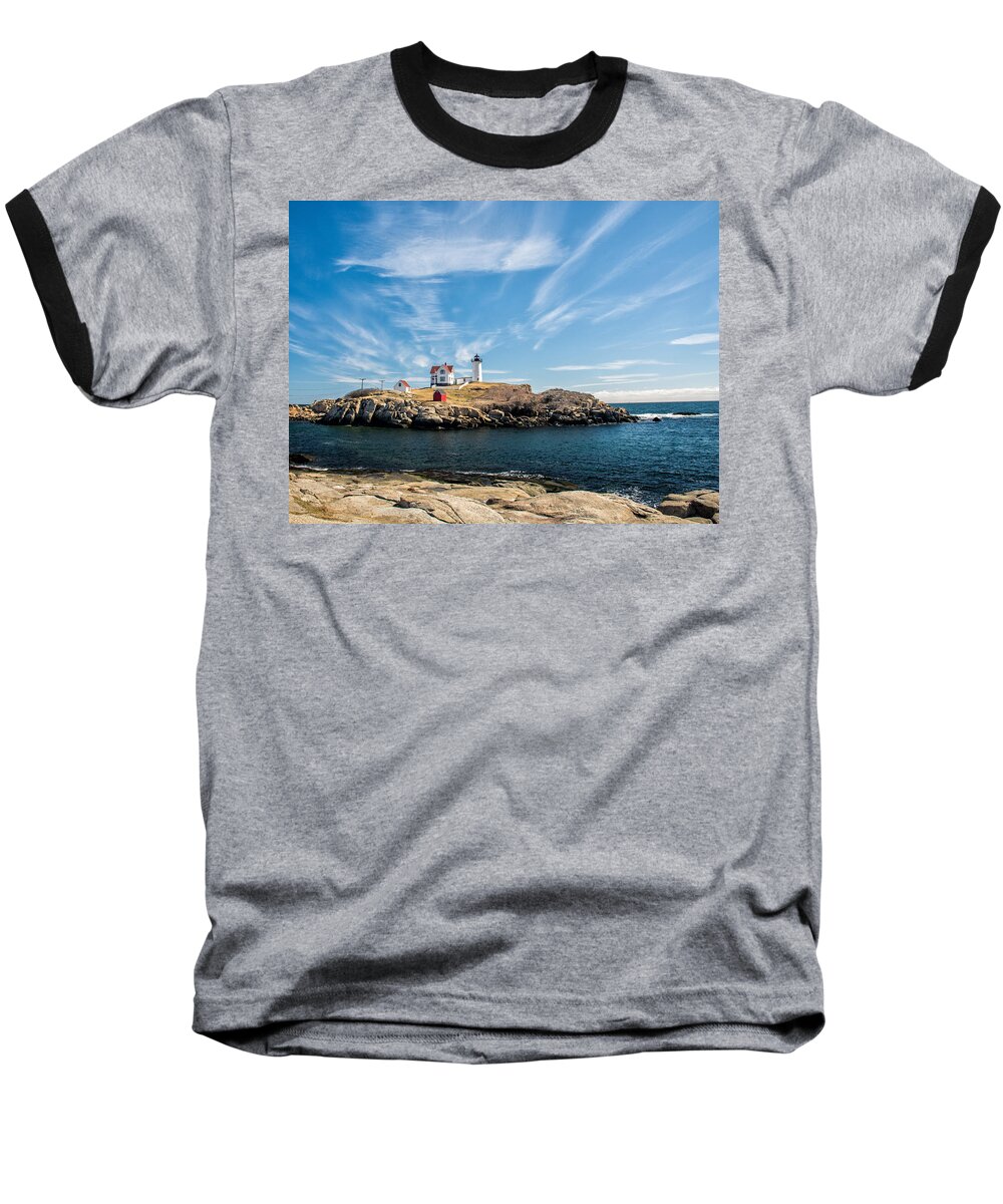 Maine Baseball T-Shirt featuring the photograph Nubble Lighthouse with Dramatic Clouds by Nancy De Flon