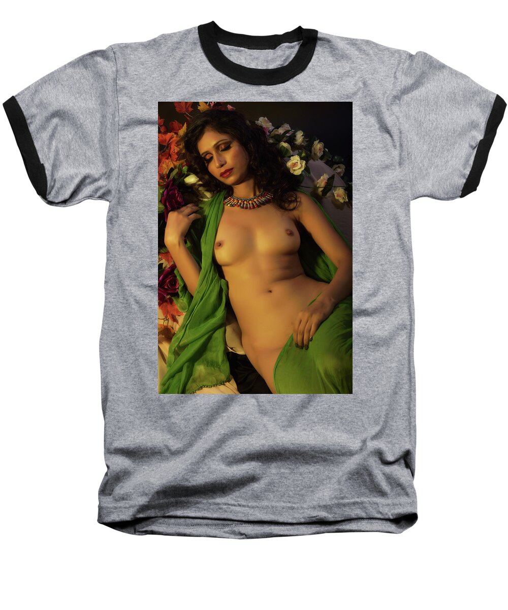 Seductive Baseball T-Shirt featuring the photograph Nude on flower bed 1 by Kiran Joshi