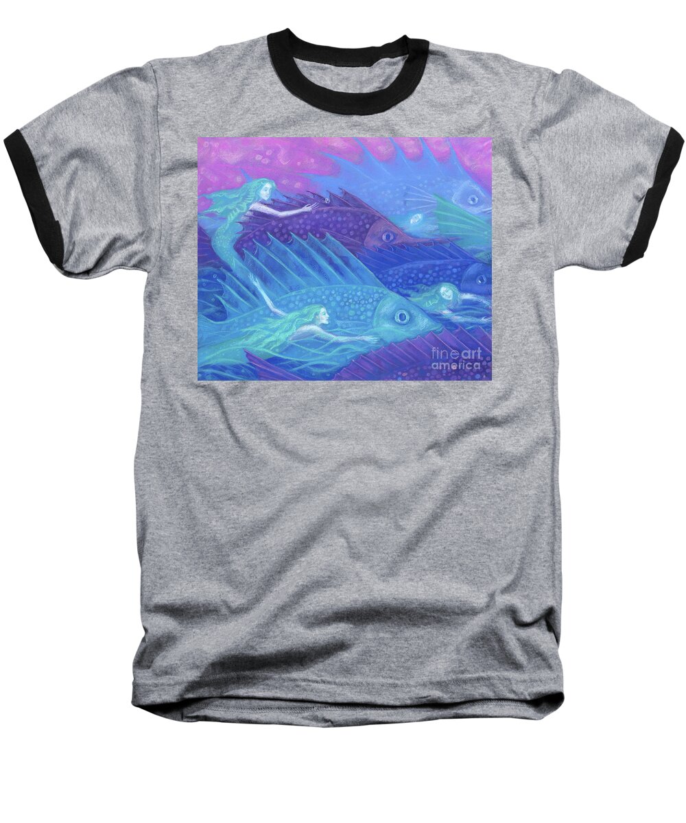 Mermaids Baseball T-Shirt featuring the painting Ocean nomads by Julia Khoroshikh